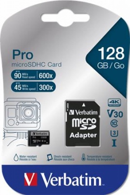 Memóriakártya, microSDXC, 128GB, CL10/U3, 90/45 MB/s, adapter, VERBATIM "PRO"